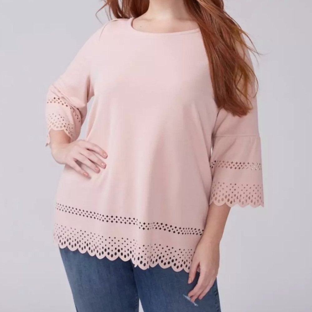 Lane Bryant Womens 3/4 Bell Sleeve Laser Cut Top Size 22/24 Light Pink Stretch
